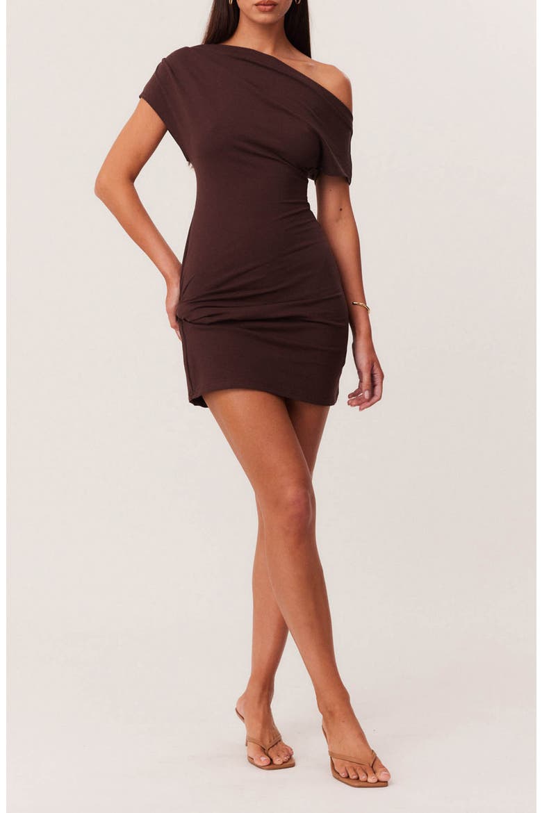 Livaire Pleated One Shoulder Minidress, Main, color, CHOCOLATE