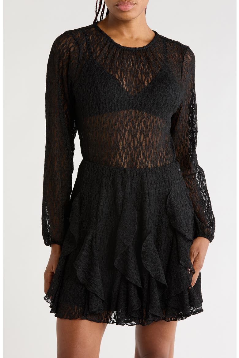 Long Sleeve Sheer Stretch Lace Top, Main, color, BLACK