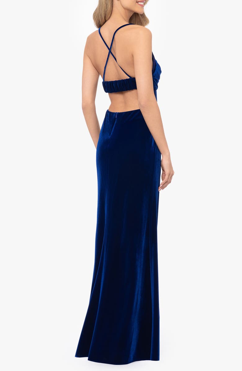 Blondie Nites Back Cutout Sleeveless Velvet Gown, Alternate, color, Sapphire
