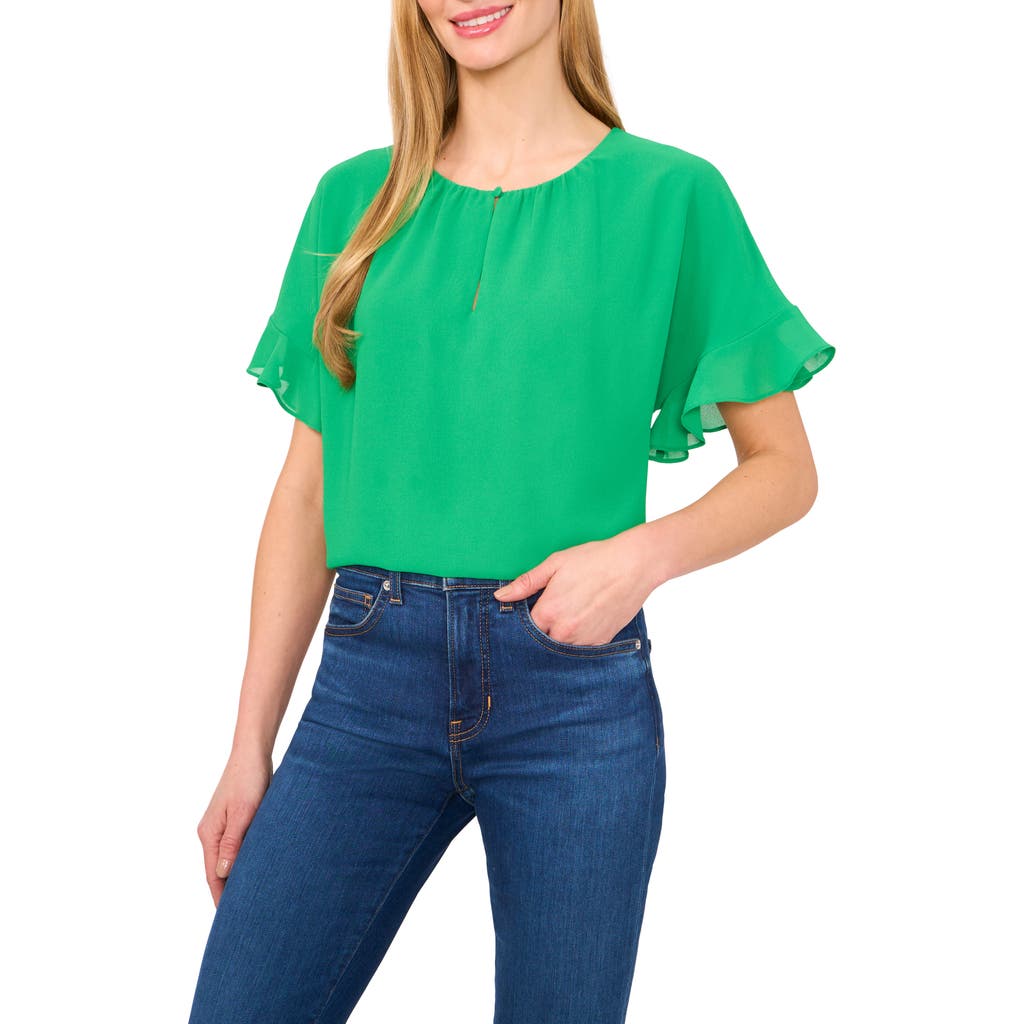 Cece Flutter Sleeve Georgette Top In Medium Green