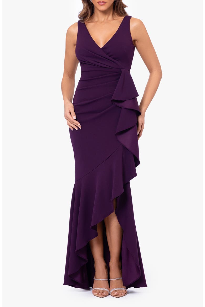 V-Neck Cascade Ruffle High-Low Gown, Main, color, MULBERRY