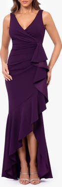 Betsy & Adam V-Neck Cascade Ruffle High-Low Gown