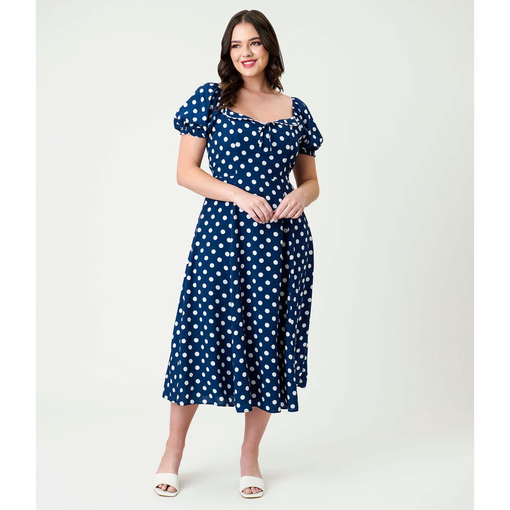 Unique Vintage Dot Puff Sleeve Midi Dress In Multi