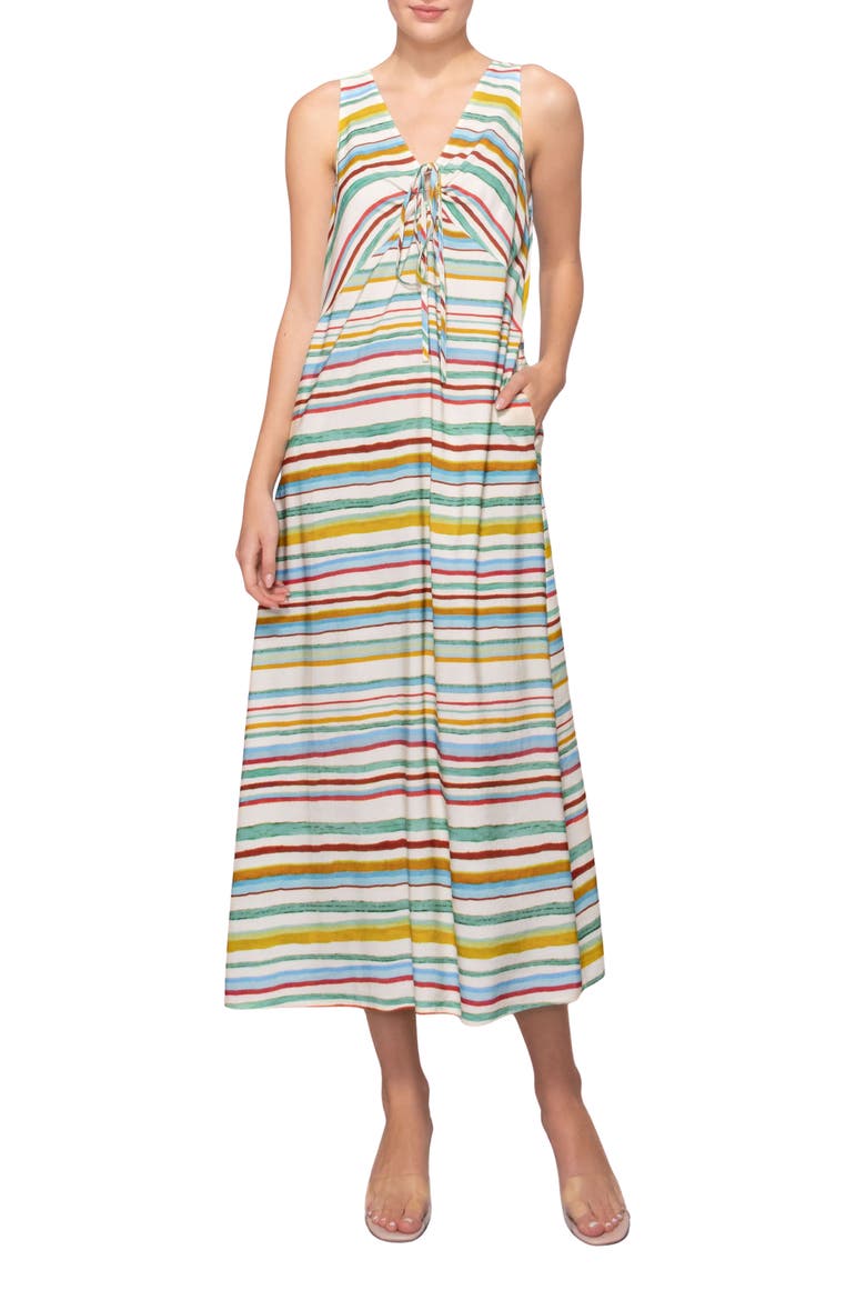 Stripe Sleeveless Linen Blend Dress, Main, color, GREEN MULTI STRIPE