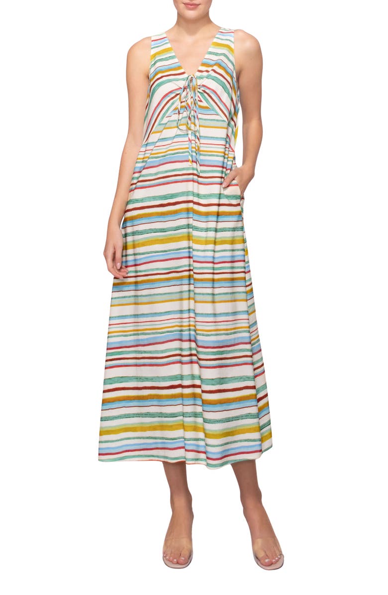 MELLODAY Stripe Sleeveless Linen Blend Dress, Main, color, Green Multi Stripe