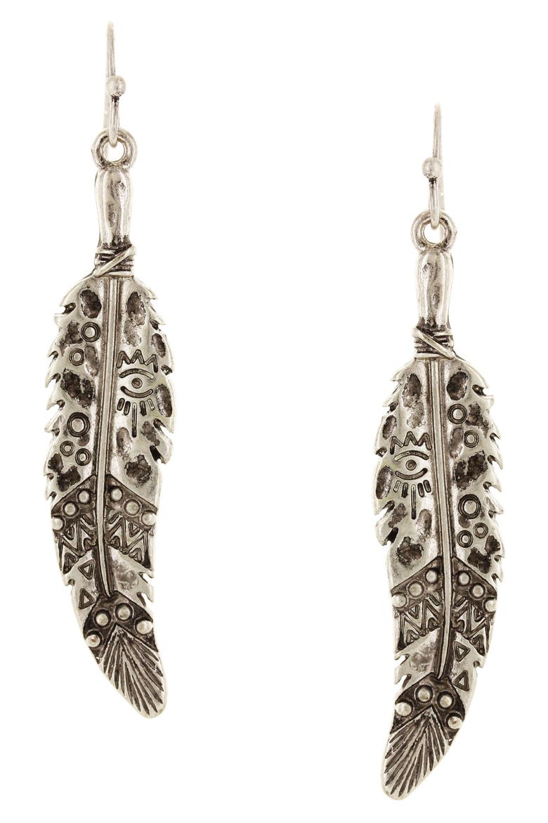 Feather Drop Earrings, Main, color, BURNISHED SILVER