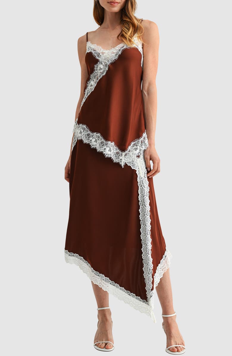 Lush Lace Trim Asymmetric Satin Midi Skirt, Alternate, color, Brown Cream