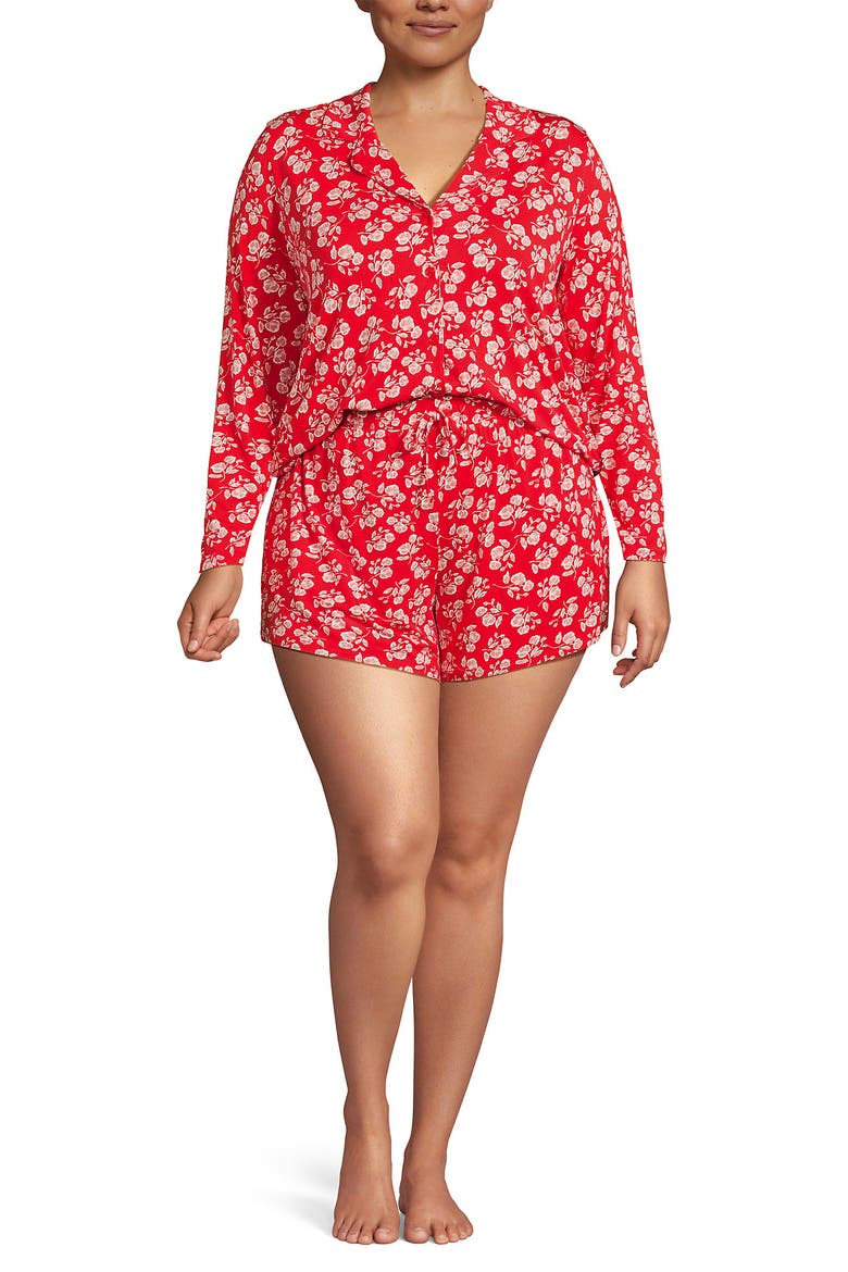 Plus Size Cooling 3 Piece Pajama Set - Long Sleeve Top Cami and Shorts, Alternate, color, Coral Red Blooms
