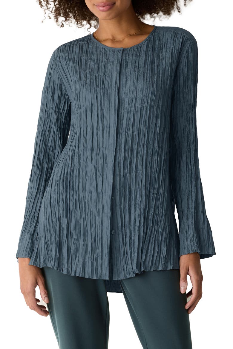 Crinkle Front Button Silk Top, Main, color, EUCALYPTUS