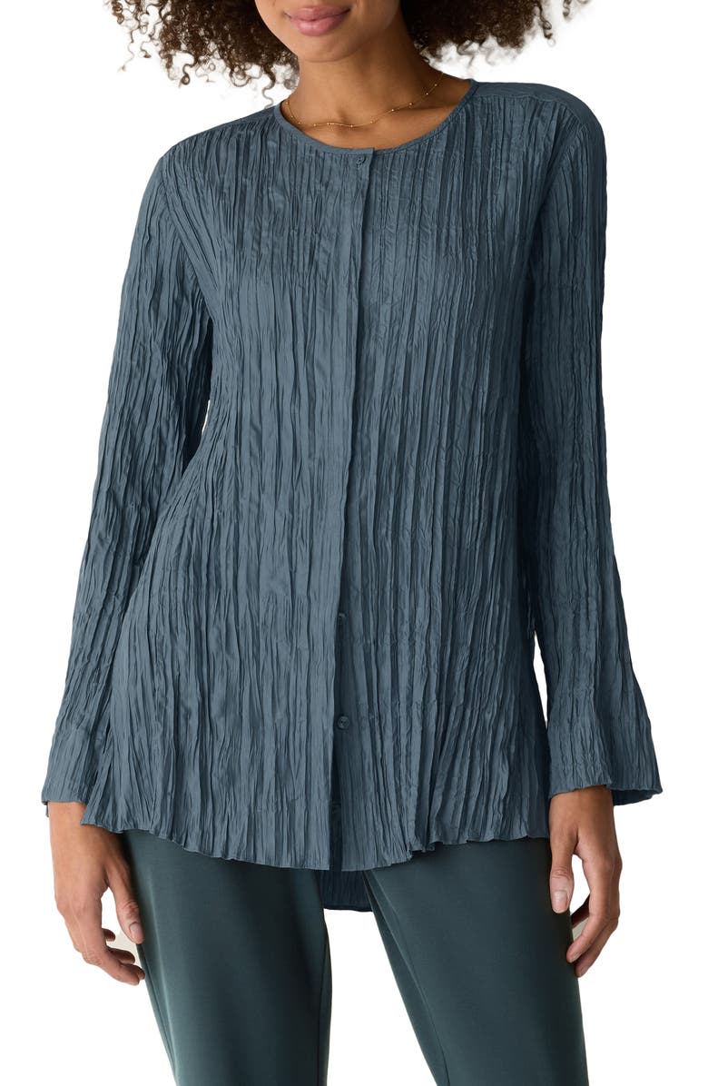Eileen Fisher Crinkle Front Button Silk Top, Main, color, Eucalyptus