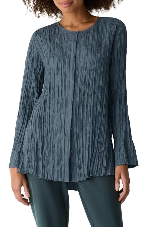 Crinkle Front Button Silk Top