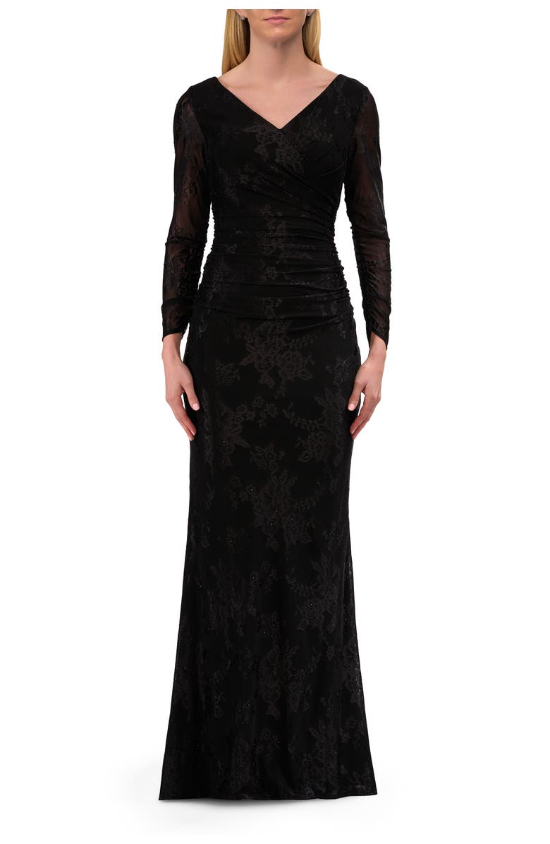 La Femme Chic Stretch Lace Evening Dress with Ruching and V Neckline, Main, color, Black