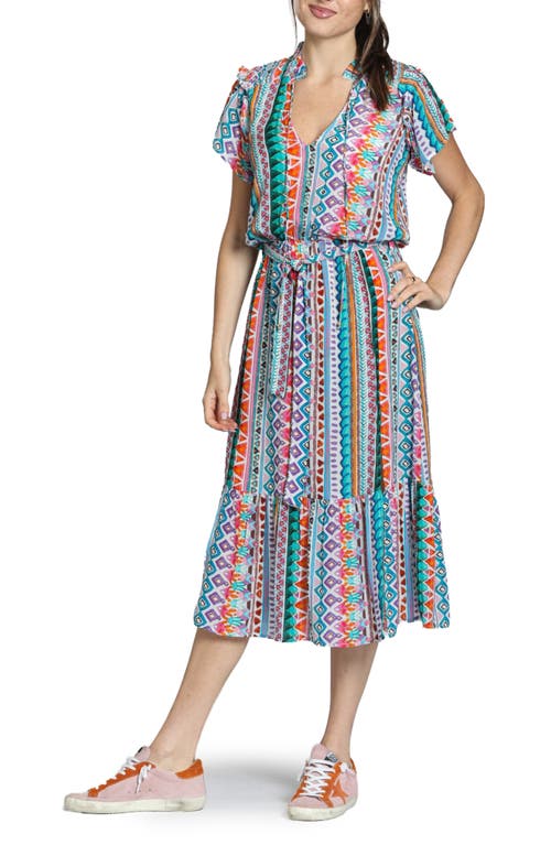Apny Print Short Sleeve Midi Dress In Turquoise Multi
