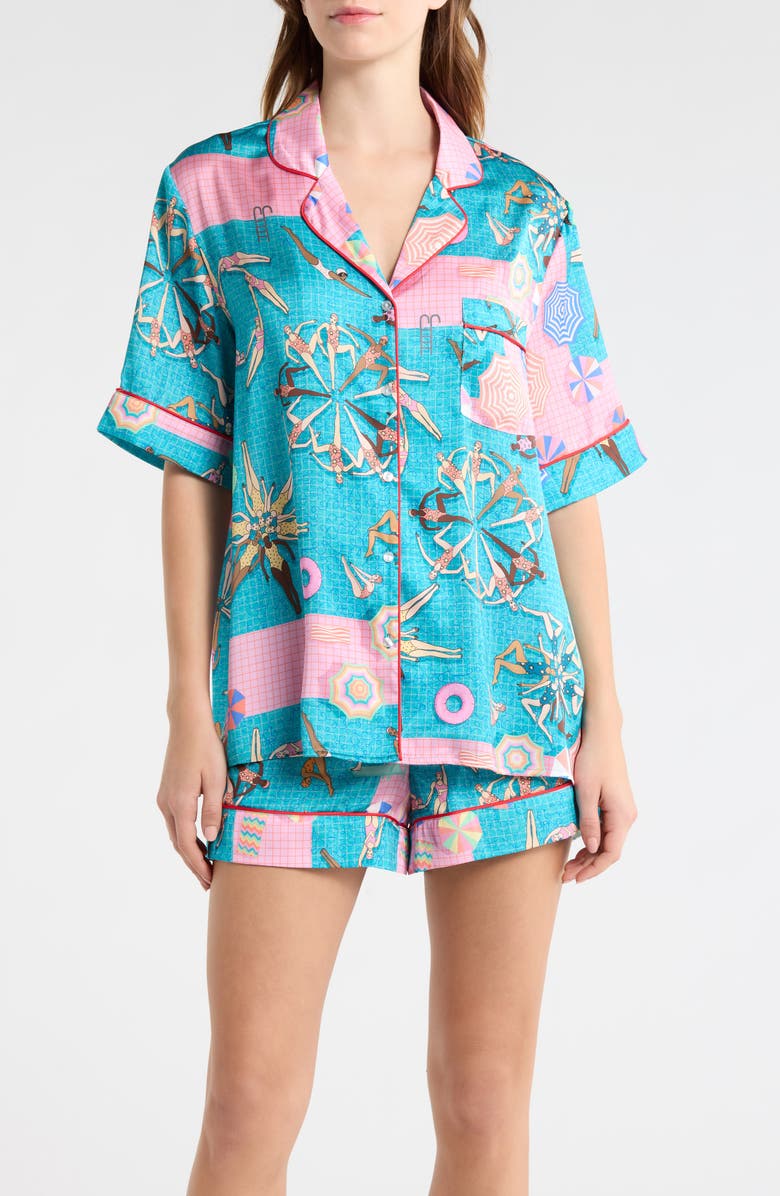 Karen Mabon Swimmers Piped Satin Pajamas, Main, color, Teal/ Pink