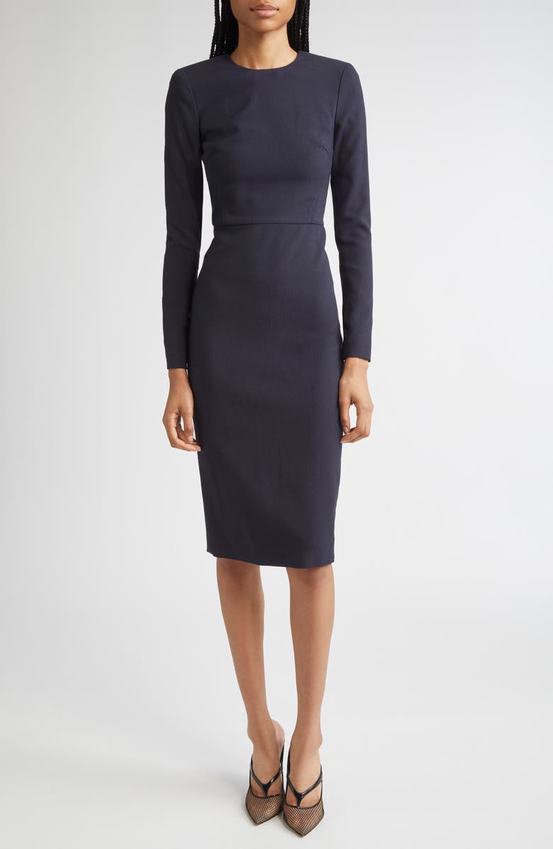 Victoria Beckham Long Sleeve Wool Blend T-Shirt Dress, Main, color, Navy