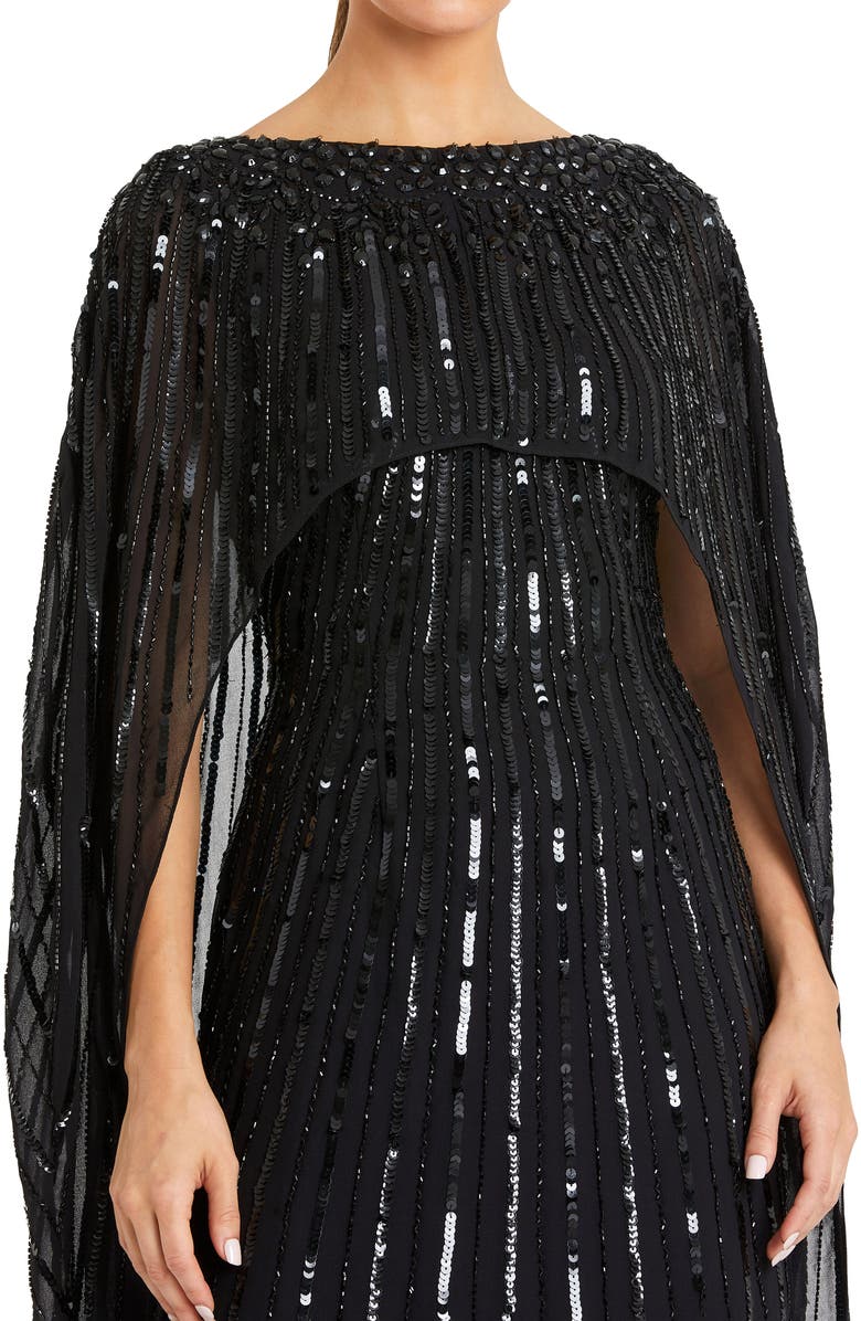 Mac Duggal Women's Embellished Beaded Column Cape Gown, Alternate, color, Black