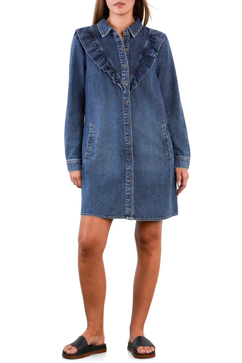 Lovely Ruffle Long Sleeve Denim Dress, Main, color, PETAL DENIM