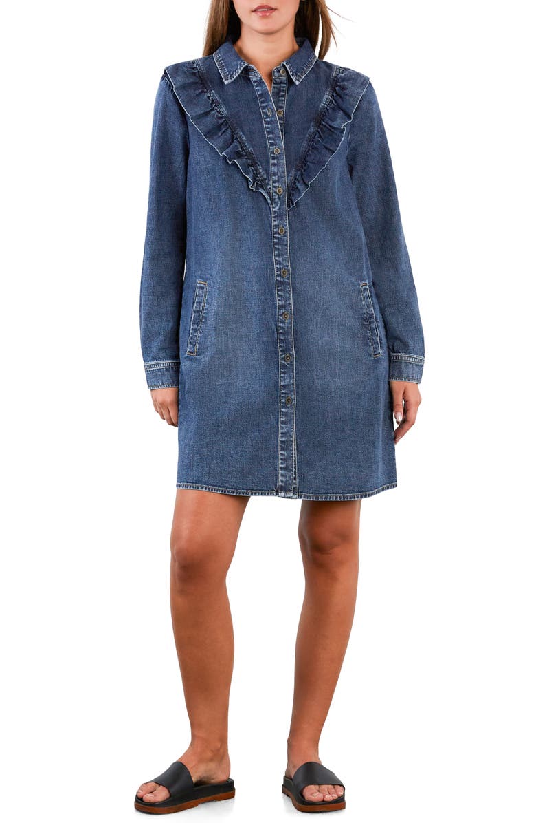 Wash Lab Denim Lovely Ruffle Long Sleeve Denim Dress, Main, color, Petal Denim