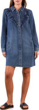Wash Lab Denim Lovely Ruffle Long Sleeve Denim Dress