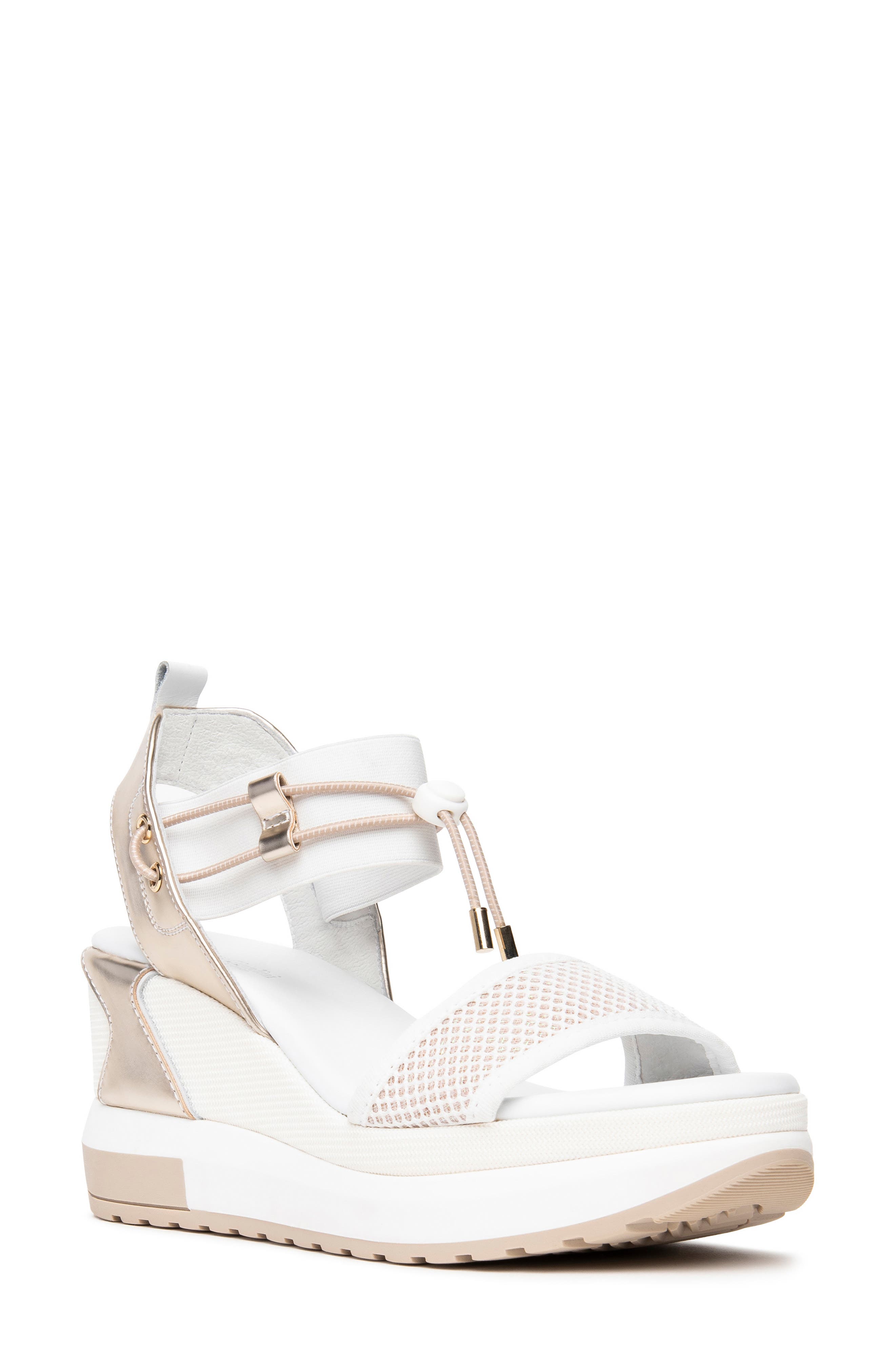 NeroGiardini Bungee Platform Wedge Sandal, Main, color, White/ Gold