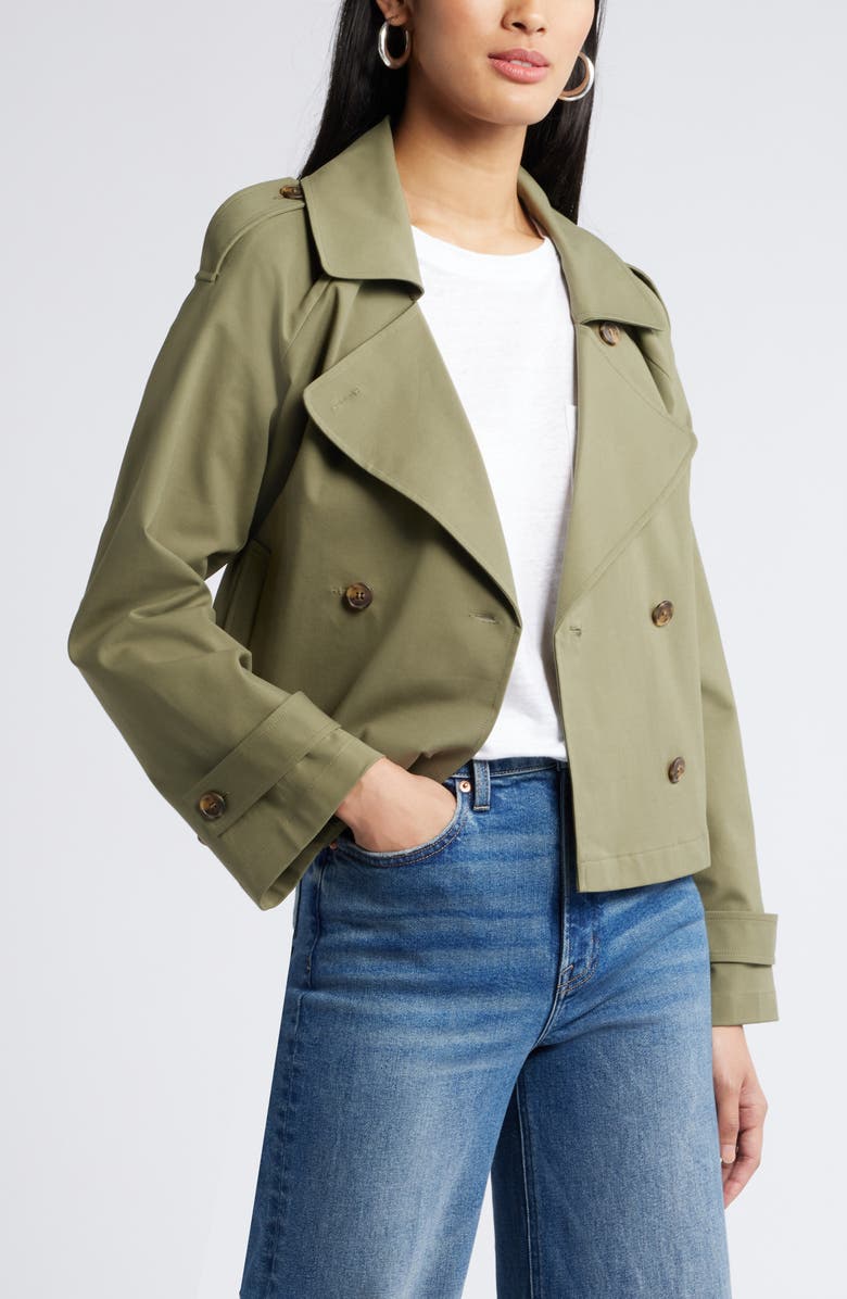 Nordstrom Crop Stretch Cotton Trench Coat, Main, color, Olive Burnt