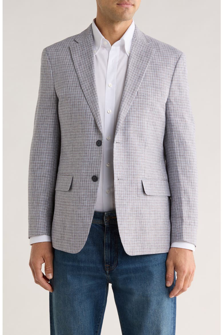 Check Notch Lapel Linen Blazer, Main, color, BLUE/ BROWN