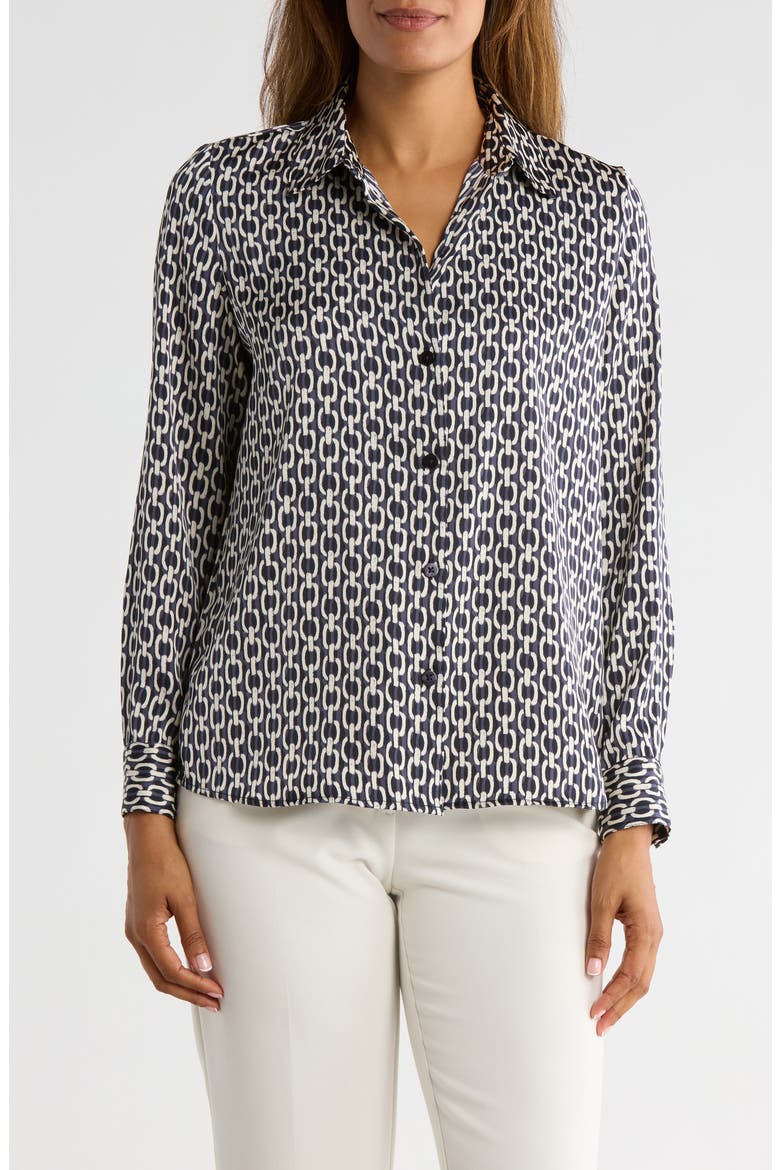 Satin Long Sleeve Button-Up Shirt, Main, color, DENIM NAVY CHAIN