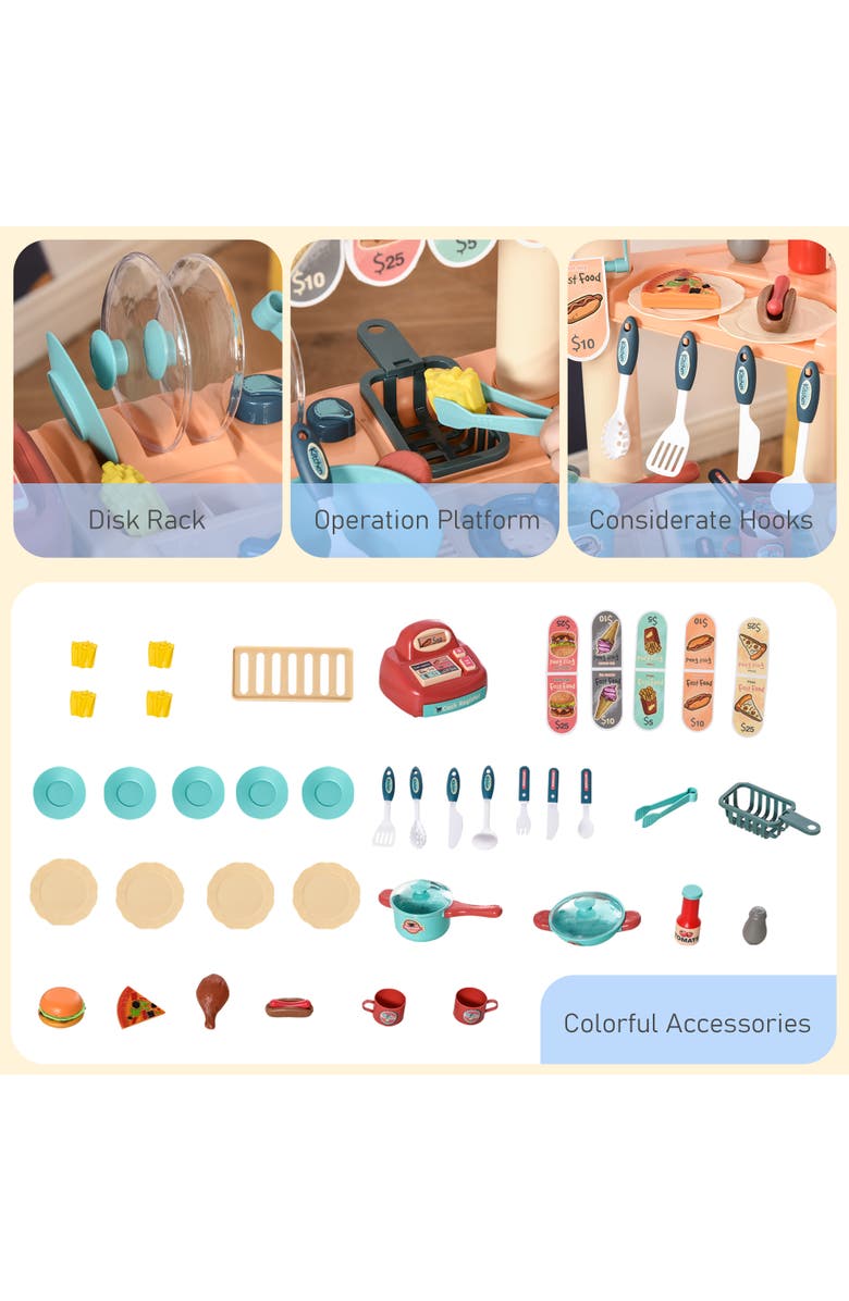 Qaba Kids Kitchen Food Stand with Play Food, Cashier Register, Accessories​, Alternate, color, Multi-Colored