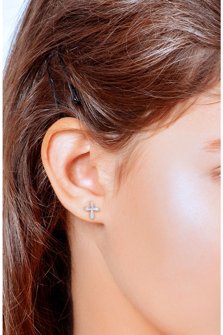 Kids' Cross Stud Earrings, Alternate, color, SILVER