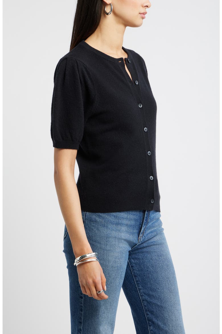 Puff Sleeve Cashmere Cardigan, Alternate, color, BLACK ROCK