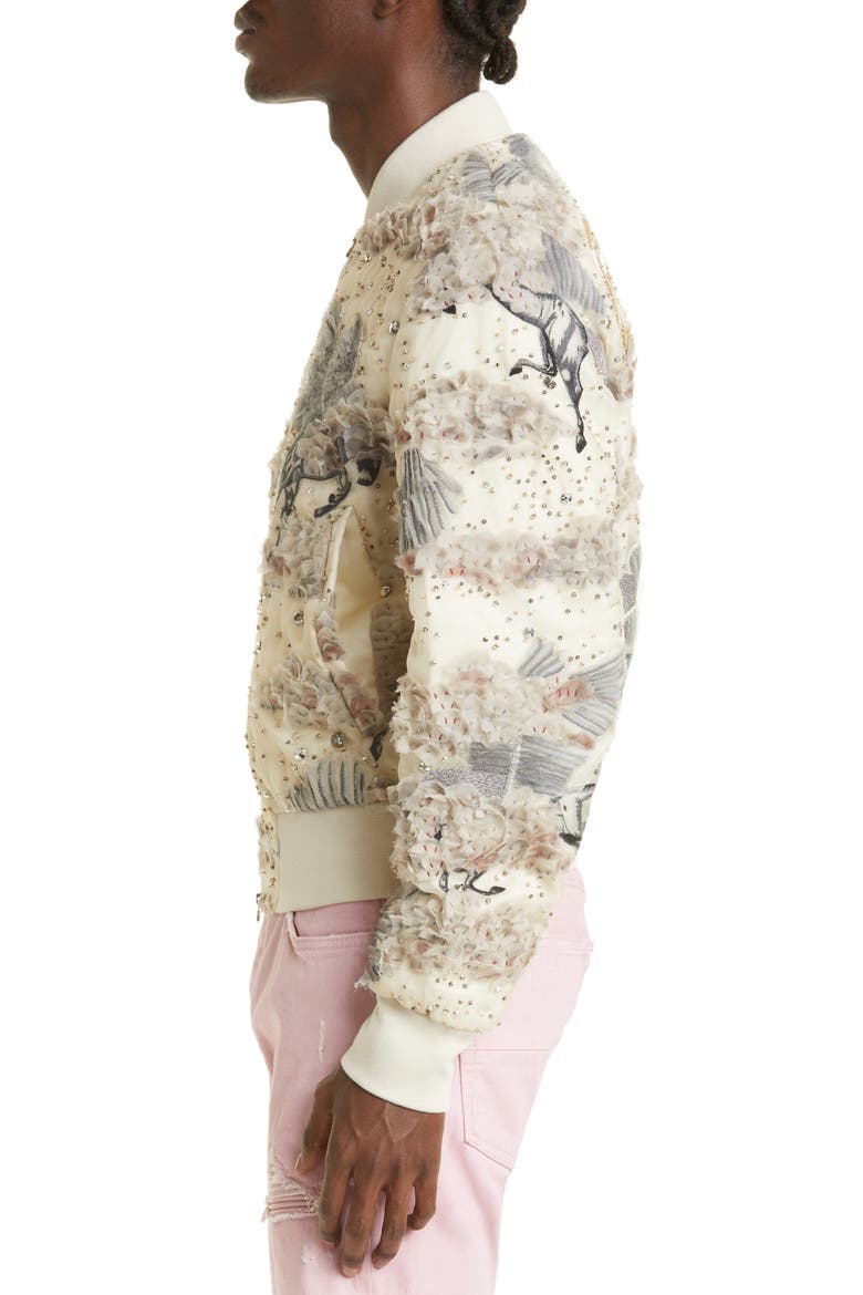 Embellished Pegasus Logo Silk Organza Shrunken Bomber Jacket, Alternate, color, LIGHT TAN