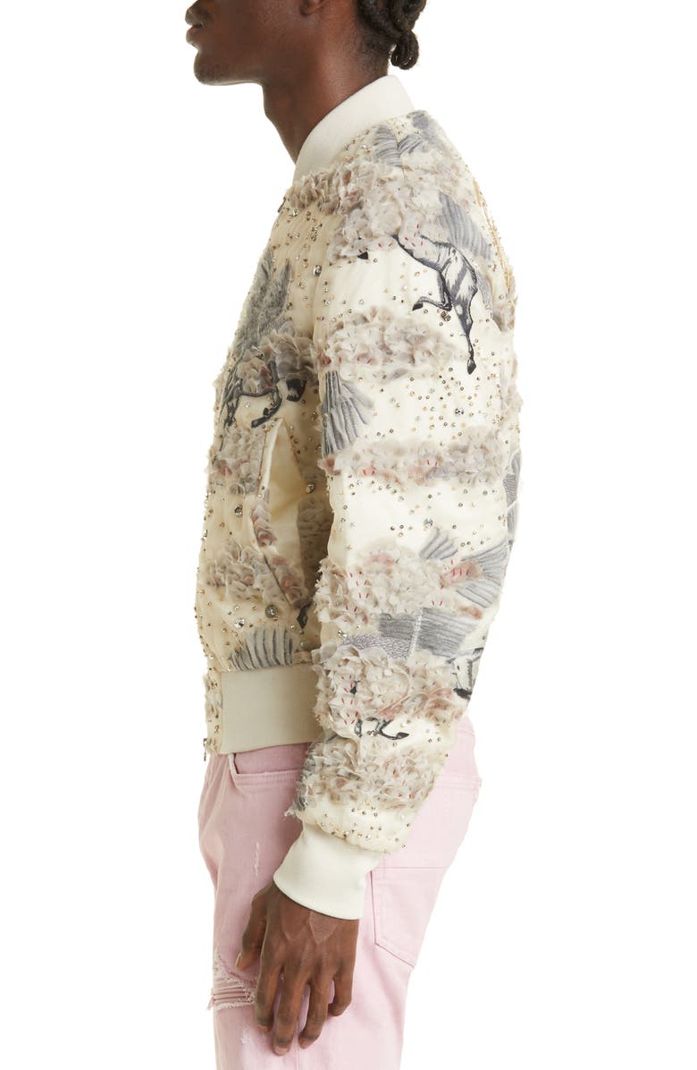 AMIRI Embellished Pegasus Logo Silk Organza Shrunken Bomber Jacket, Alternate, color,