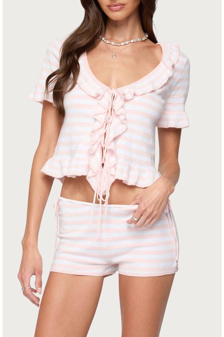 Janelle Stripe Ruffle Crop Tie Front Top, Main, color, LIGHT-PINK