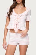 EDIKTED Janelle Stripe Ruffle Crop Tie Front Top