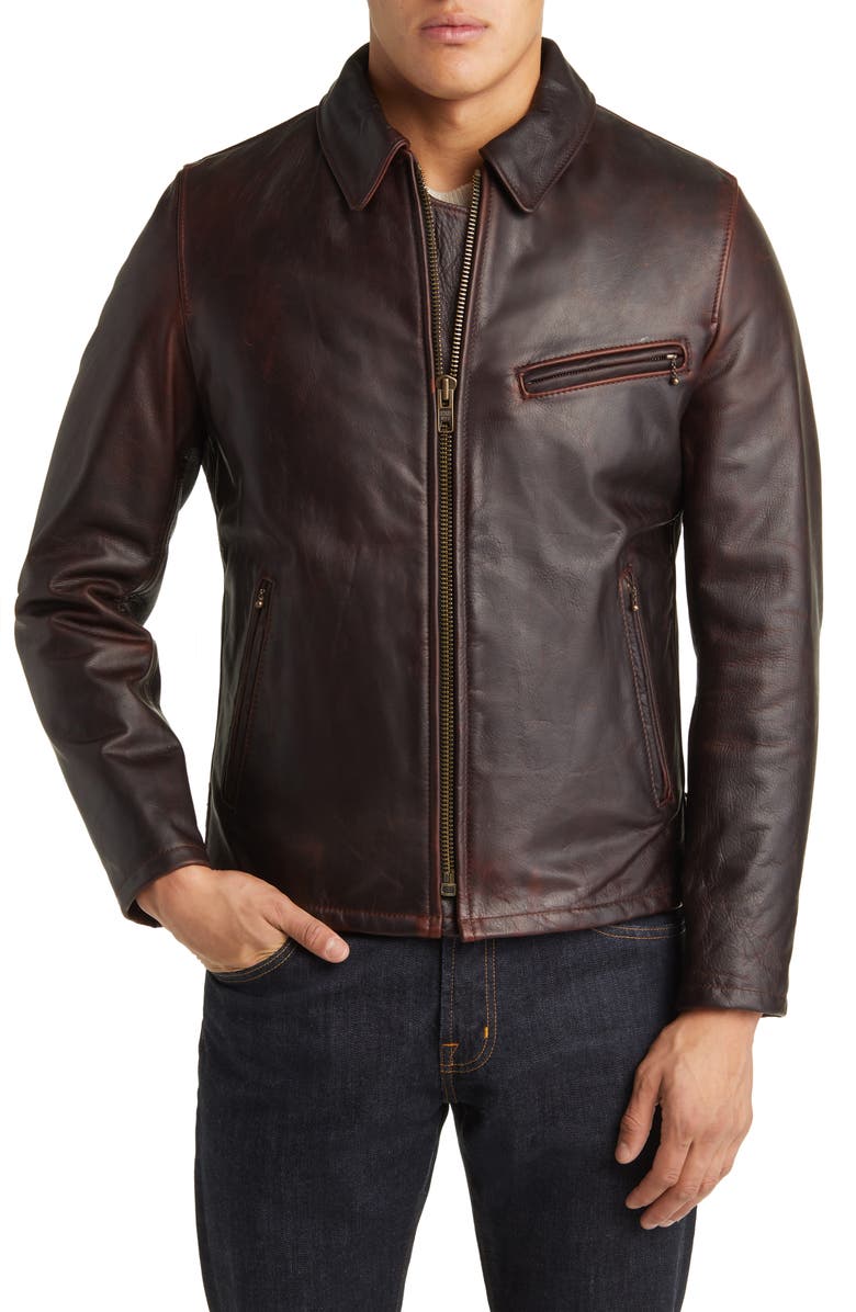 Schott NYC Waxy Cowhide Leather Mechanics Jacket, Alternate, color, Brandy