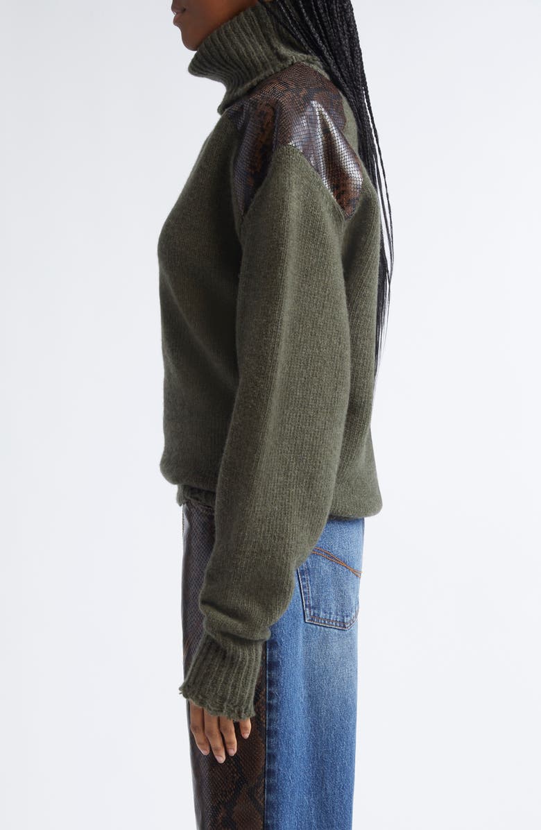 Stella McCartney Snakeskin Embossed Faux Leather & Virgin Wool Sweater, Alternate, color, Dark Khaki