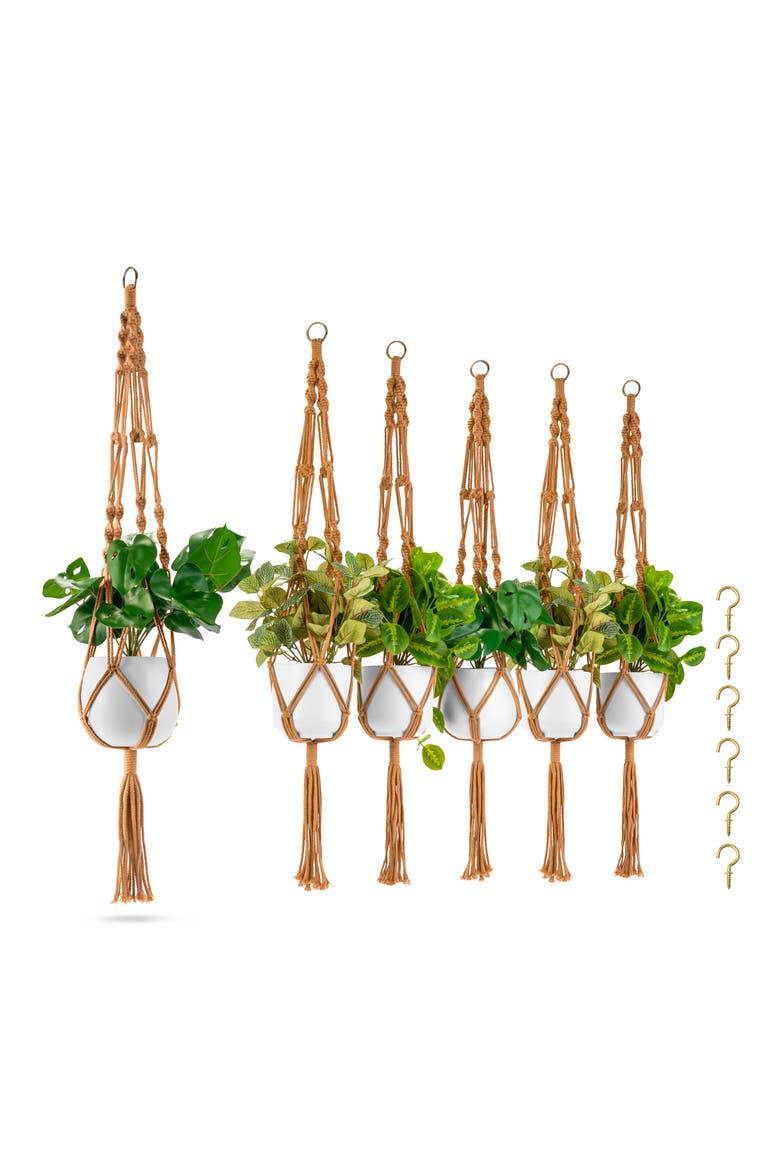 Set of 6 Macramé Plant Hangers, Alternate, color, BROWN