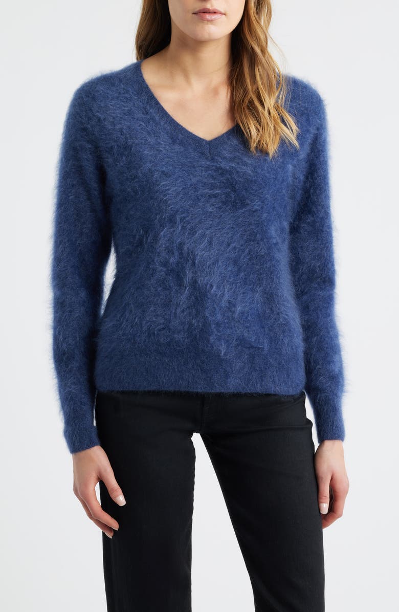 MARGARET O'LEARY Brushed Cashmere V-Neck Sweater, Main, color, Indigo