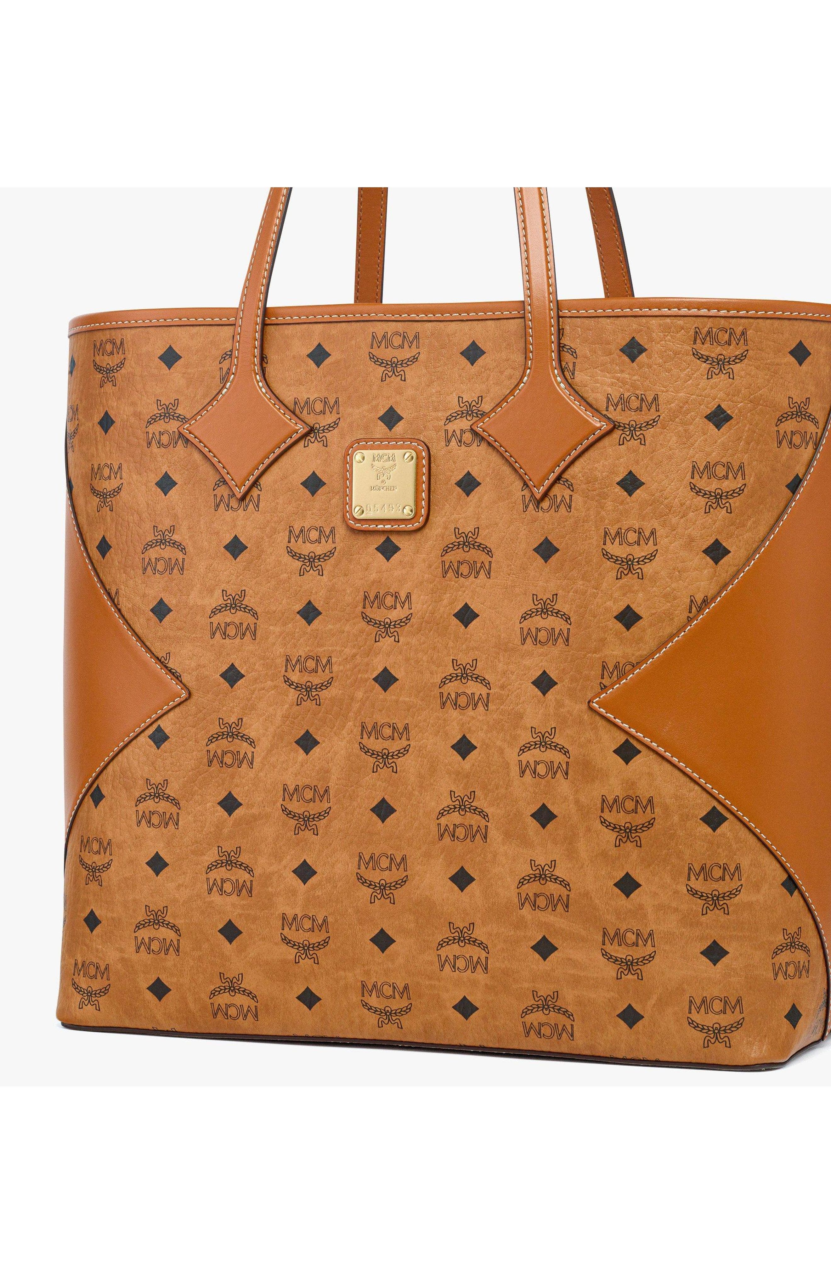 MCM Large Dia Shopper in Visetos Leather Mix, Alternate, color, Cognac
