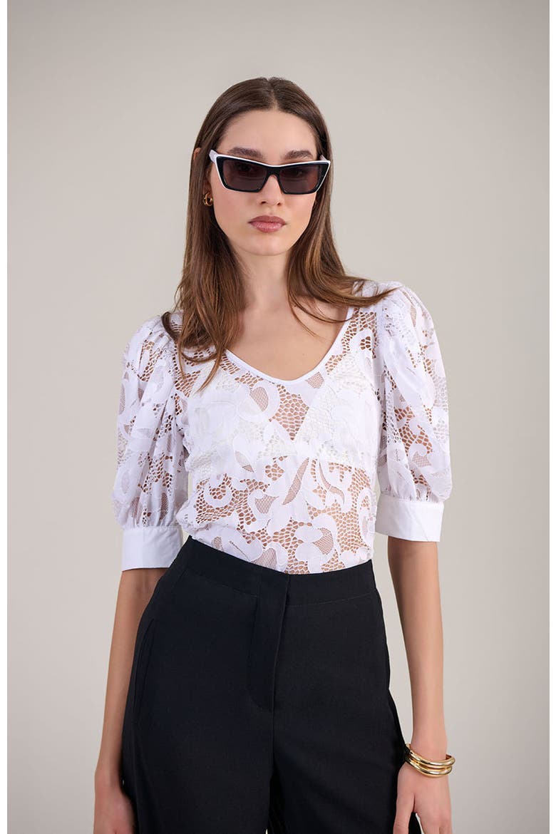 Women's  Katia White V-Neck Top With Sheer Mesh Sleeves, Alternate, color, White
