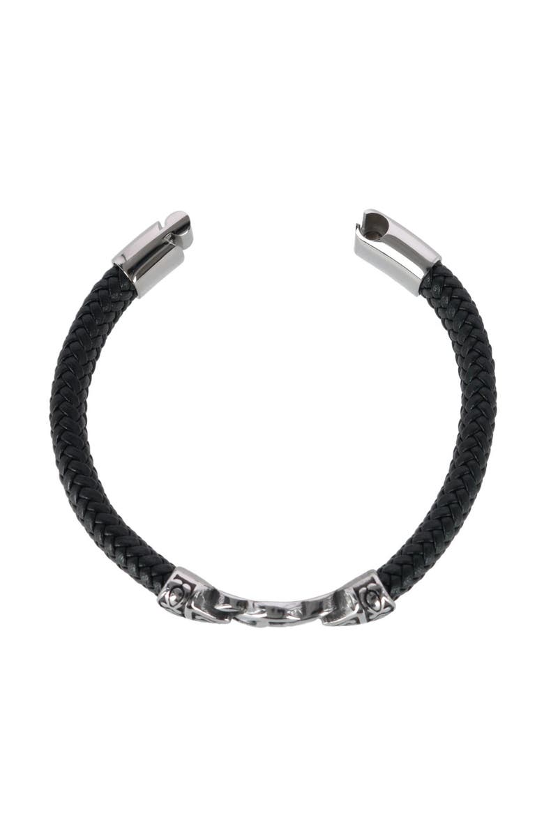Trafalgar Silver Interlock Pattern on Black Leather Bracelet, Alternate, color, Black