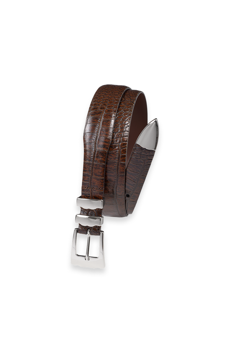 Paul Fredrick Crocodile Embossed With Metal Keeper & Tip Belt, Main, color, Cognac