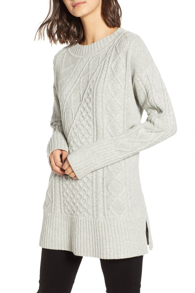 Patchwork Cable Knit Oversize Tunic Sweater, Main, color, HEATHER DUSK