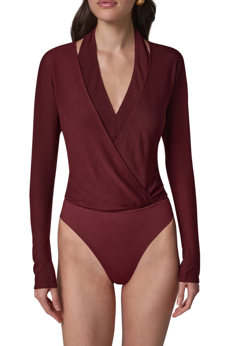Long Sleeve Wrap Bodysuit, Main, color, BLK CHERRY