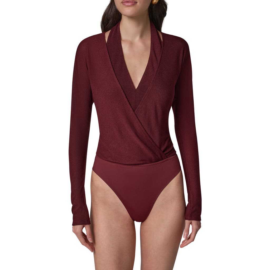 Dkny Long Sleeve Wrap Bodysuit In Blk Cherry