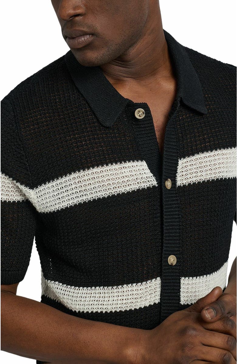 Onia Linen Short Sleeve Button Up Sweater, Alternate, color, Black/Egret