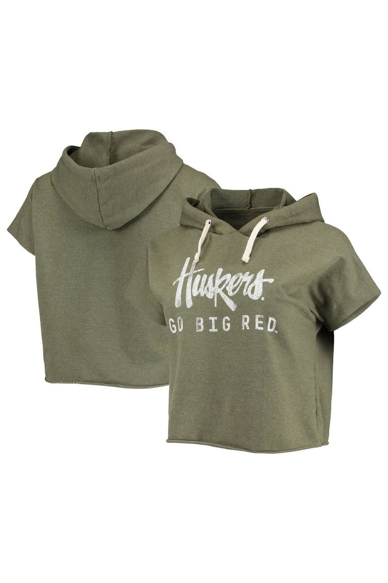 Women's Original Retro Brand Olive Nebraska Huskers Cropped Tri-Blend Short Sleeve Pullover Hoodie, Alternate, color, Olive