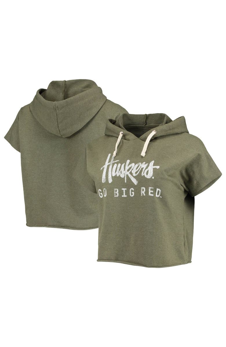 Retro Brand Women's Original Retro Brand Olive Nebraska Huskers Cropped Tri-Blend Short Sleeve Pullover Hoodie, Alternate, color, 