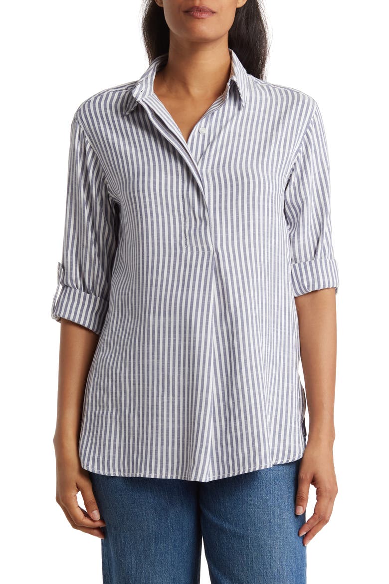 Stripe Oversize Long Sleeve Button-Up Tunic, Main, color, INDIGO/ BLACK FRAMED STRIPE