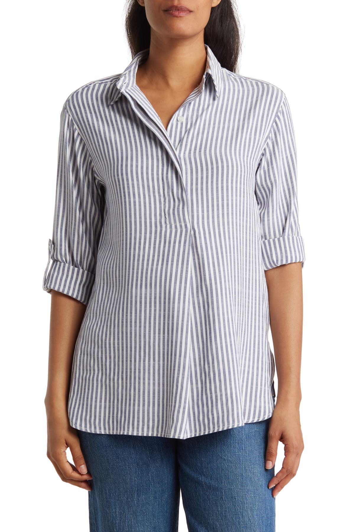 Max Studio Stripe Oversize Long Sleeve Button-Up Tunic